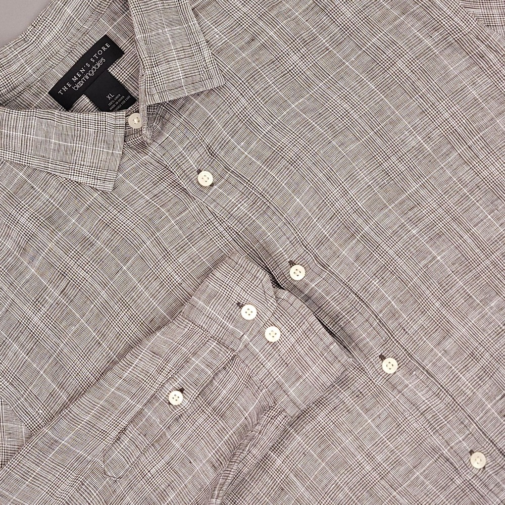 The Men's Store Bloomingdale's Shirt Mens XL Brown Plaid Linen Button Up Casual